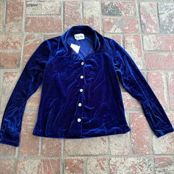 Vintage Velvet Navy Blue Blouse Button Up Long Sleeve Collared Size Medium - Picture 1 of 3